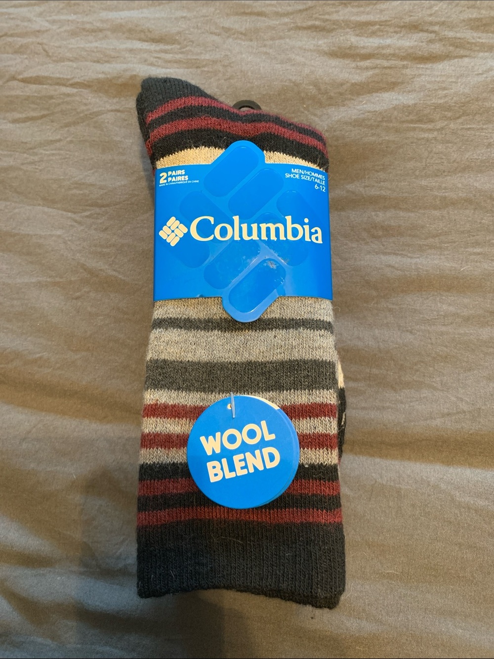 Columbia Men's Wool Blend Striped Crew Socks — Black, Red & Gray